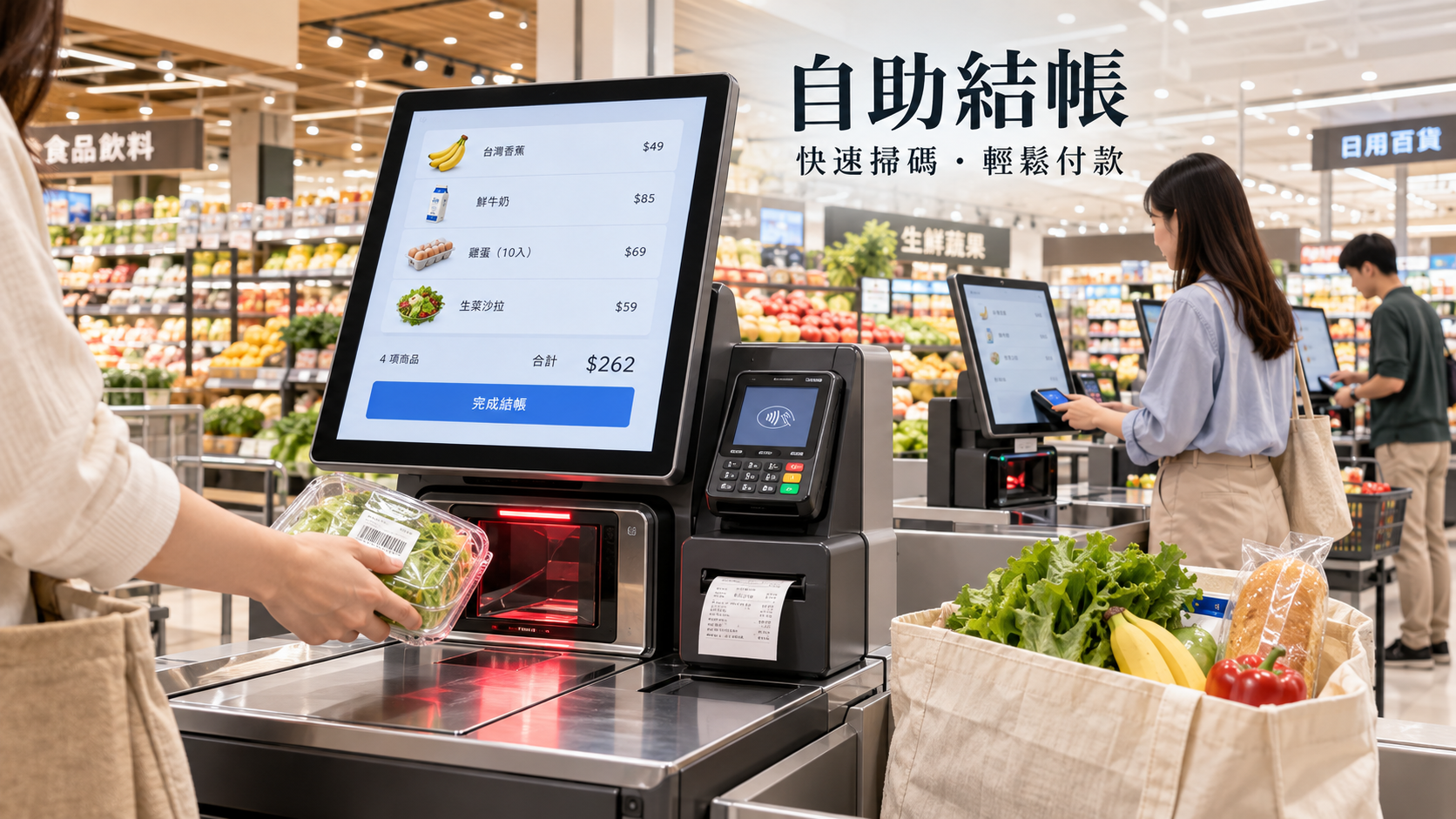 自助結帳體驗：商品掃碼與付款。